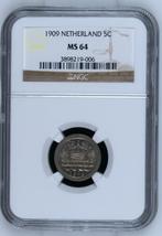 Koningin Wilhelmina 5 cent 1909 MS64 NGC gecertificeerd, Losse munt, Verzenden