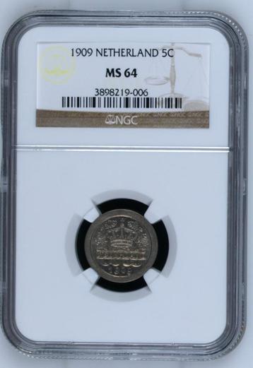 Koningin Wilhelmina 5 cent 1909 MS64 NGC gecertificeerd