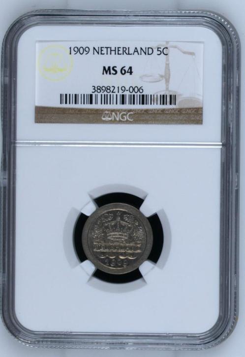 Koningin Wilhelmina 5 cent 1909 MS64 NGC gecertificeerd, Postzegels en Munten, Munten | Nederland, Losse munt, 5 cent, Koningin Wilhelmina