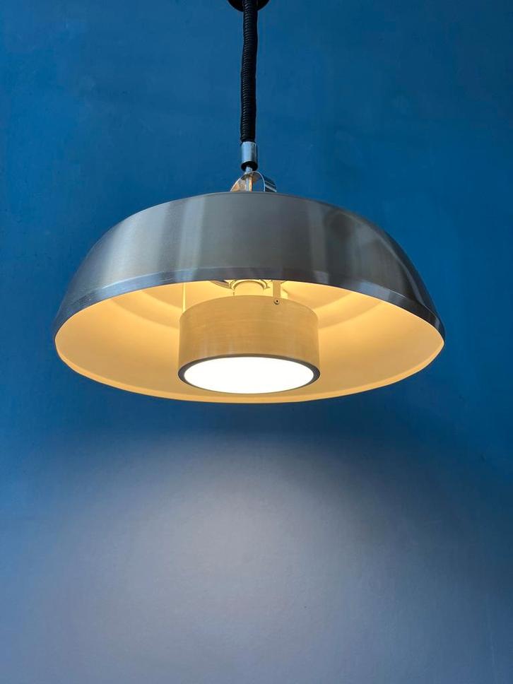 Mid Century Aluminium Pendant Lamp with Orange Lacquer, Huis en Inrichting, Lampen | Hanglampen, Ophalen of Verzenden