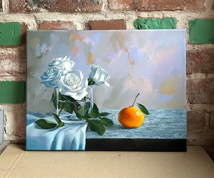 Sergey Kolodyazhniy (XX-XXI) - White roses and orange, Antiek en Kunst, Kunst | Schilderijen | Modern