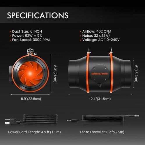 Spider Farmer Ø6 Ventilation Kit Incl Smart Monitor, Tuin en Terras, Kweekspullen, Klimaatbeheersing, Nieuw, Verzenden