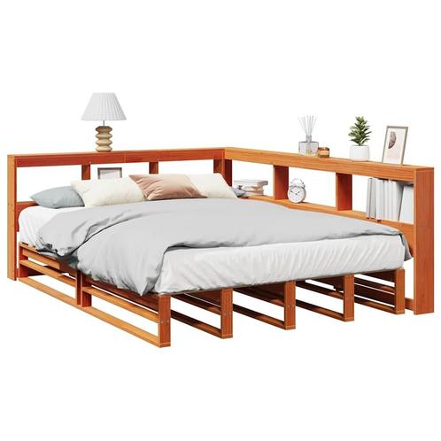 vidaXL Bed met boekenkast zonder matras grenenhout wasbruin, Huis en Inrichting, Slaapkamer | Bedden, Overige maten, 190 cm of minder