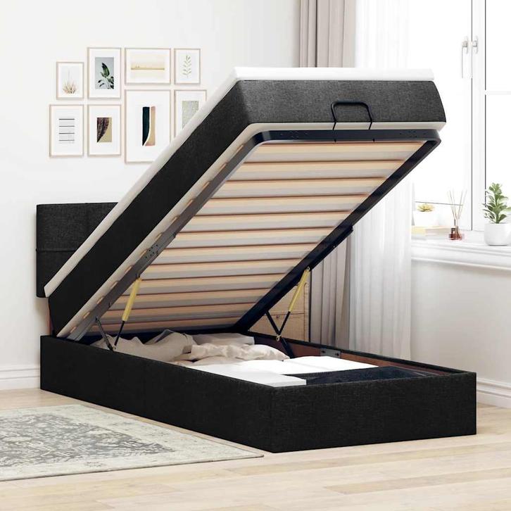 vidaXL Ottoman bed met matras en LEDs 90x190cm stof zwart, Huis en Inrichting, Slaapkamer | Bedden, 90 cm, 190 cm of minder, Zwart