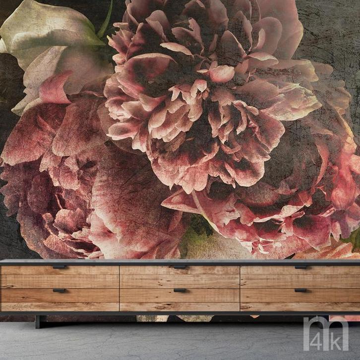 Vintage Pioenrozen behang, bloemenbehang, Muurdeco4kids, Huis en Inrichting, Stoffering | Behang, Blauw, Rood, Beige, Grijs, Groen