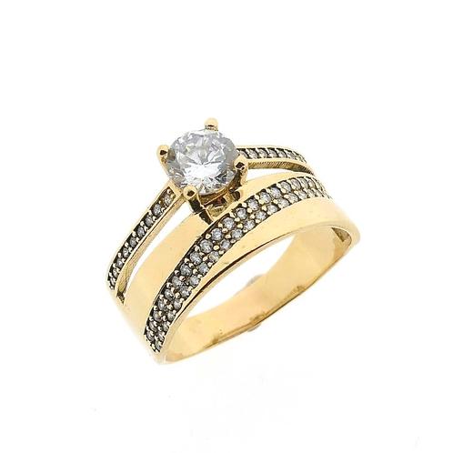 Brede gouden ring met zirconia (geelgoud, damesring, dames), Sieraden, Tassen en Uiterlijk, Ringen, Dame, Met edelsteen, Overige kleuren