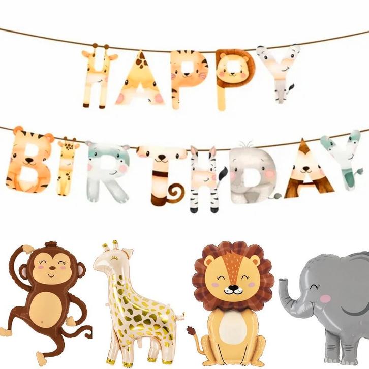 Ballonnen en slinger set Jungle animals 5-delig, Hobby en Vrije tijd, Feestartikelen, Verjaardag, Nieuw, Versiering, Verzenden