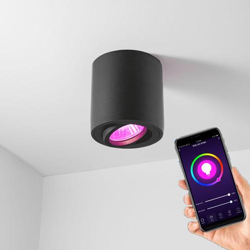 Smart Opbouw spot Zwart Ø80mm Rond Hue compatible Incl., Huis en Inrichting, Lampen | Spots, Metaal of Aluminium, Ophalen of Verzenden