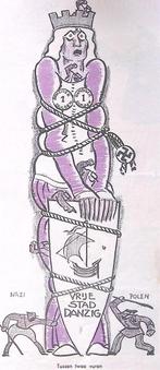 Vrije stad Danzig tussen twee vuren op spotprent (Lithos), Antiek en Kunst, Verzenden