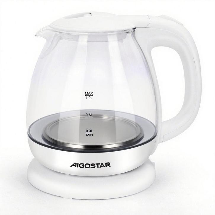 Waterkoker glas - met LED - 1L - 2200W - Wit - Aigostar, Witgoed en Apparatuur, Overige Witgoed en Apparatuur, Nieuw, Verzenden