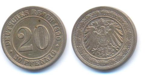 20 Pfennig 1890 A Kaiserreich: Kleinmunten koper-nikkel, Postzegels en Munten, Munten | Europa | Niet-Euromunten, Verzenden