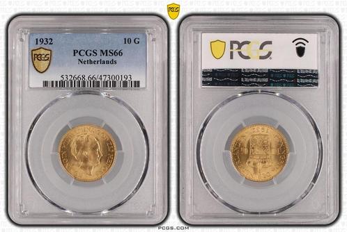 Gouden Wilhelmina 10 gulden 1932 MS66 PCGS gecertificeerd, Postzegels en Munten, Munten | Nederland, Losse munt, Goud, Verzenden