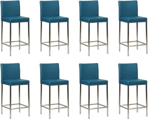 Set van 8 Blauwe leren moderne barkrukken - poot vierkant rv, Huis en Inrichting, Stoelen, Vijf, Zes of meer stoelen, Overige kleuren
