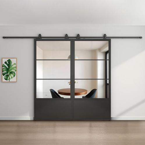 Dubbele stalen schuifdeur 3 Vlaks met kickplate Helder glas, Doe-het-zelf en Verbouw, Kozijnen en Schuifpuien, Inclusief glas
