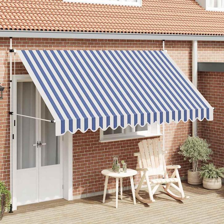 vidaXL Luifel handmatig uittrekbaar 350 cm blauw en witte, Tuin en Terras, Zonneschermen, Nieuw, Verzenden