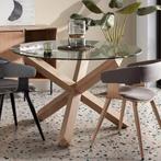 *WOONWINKEL* Kave Home Lotus Ronde Tafel Glas Met Eiken, Huis en Inrichting, Tafels | Eettafels, Verzenden, Nieuw