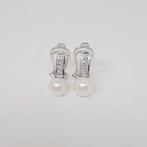 Oorbellen - 18 karaat Witgoud - 0.16ct. tw. Parel - Diamant, Nieuw