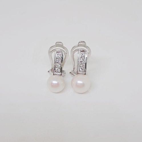 Oorbellen - 18 karaat Witgoud - 0.16ct. tw. Parel - Diamant, Sieraden, Tassen en Uiterlijk, Oorbellen