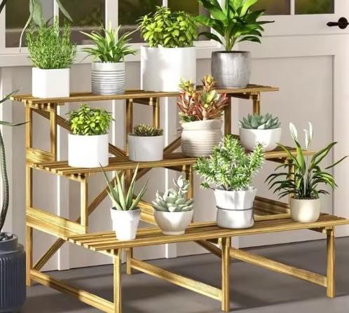 Houten Plantenrek 3 Niveaus - Bloemenstandaard Tuin Balkon, Tuin en Terras, Bloembakken en Plantenbakken, Nieuw, Verzenden
