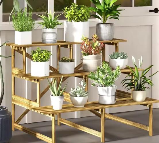 Houten Plantenrek 3 Niveaus - Bloemenstandaard Tuin Balkon, Tuin en Terras, Bloembakken en Plantenbakken, Nieuw, Verzenden