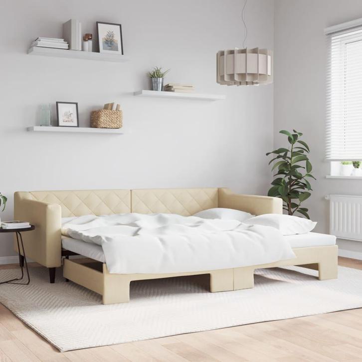 vidaXL Slaapbank met onderschuifbed 90x200 cm stof, Huis en Inrichting, Slaapkamer | Bedden, 90 cm, 200 cm, Crème, Eenpersoons