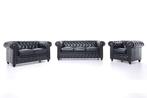 Chesterfield Bank Original Leer  1 + 2 + 3 zits  Zwart, Nieuw, Rechte bank, Leer, Verzenden