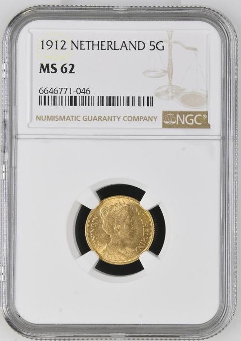 Gouden Wilhelmina 5 gulden 1912 MS62 NGC gecertificeerd, Postzegels en Munten, Munten | Nederland, Losse munt, 5 gulden, Koningin Wilhelmina