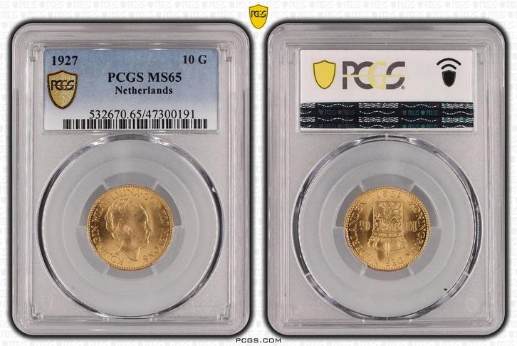 Gouden Wilhelmina 10 gulden 1927 MS65 PCGS gecertificeerd, Postzegels en Munten, Munten | Nederland, Losse munt, 10 gulden, Koningin Wilhelmina