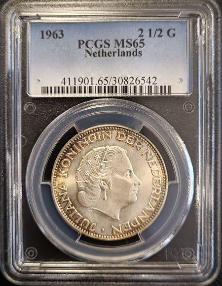 Koningin Juliana zilveren 2 1/2 gulden 1963 MS65 PCGS, Postzegels en Munten, Munten | Nederland, Losse munt, Koningin Juliana