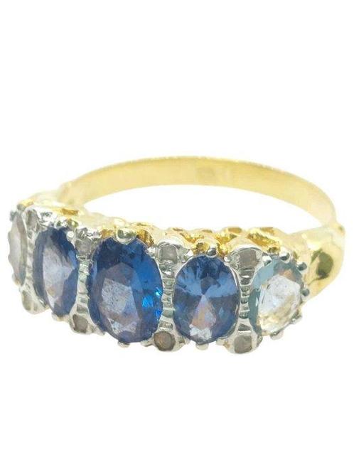 Zonder Minimumprijs - Ring - 9 kt. Geel goud, Zilver Saffier, Sieraden, Tassen en Uiterlijk, Ringen