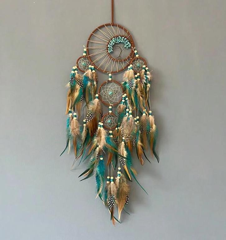 Groene Turquoise Levensboom Dromenvanger - Gekleurde veren, Huis en Inrichting, Woonaccessoires | Overige, Verzenden