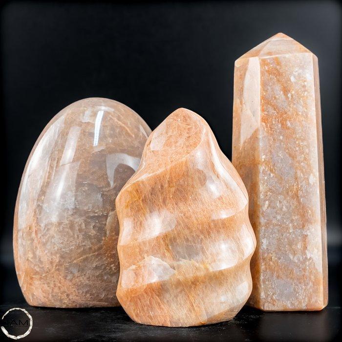 Warme gloed van de natuur – perzikkleurige maansteen in drie, Verzamelen, Mineralen en Fossielen
