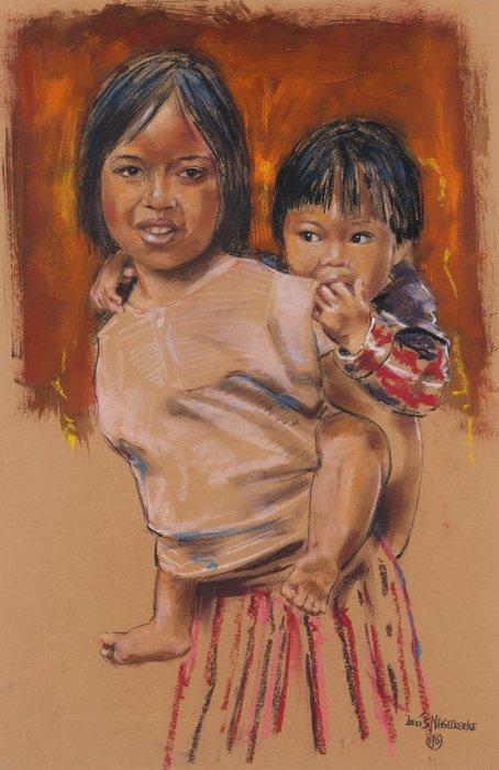 Louis Nagelkerke (1949) - Twee kinderen, Antiek en Kunst, Kunst | Schilderijen | Modern