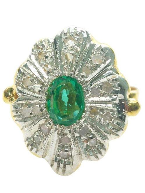 Zonder Minimumprijs - Ring - 9 kt. Geel goud, Zilver Smaragd, Sieraden, Tassen en Uiterlijk, Ringen