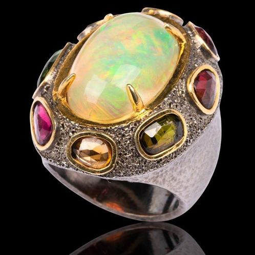 Ring met Opal en Meerkleurige Toermalijnen Buitengewone, Verzamelen, Mineralen en Fossielen