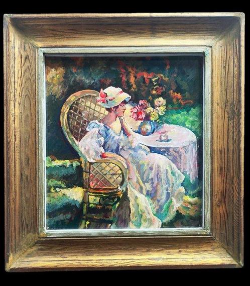 École française du XXe siècle - L’élégance au jardin, Antiek en Kunst, Kunst | Schilderijen | Klassiek